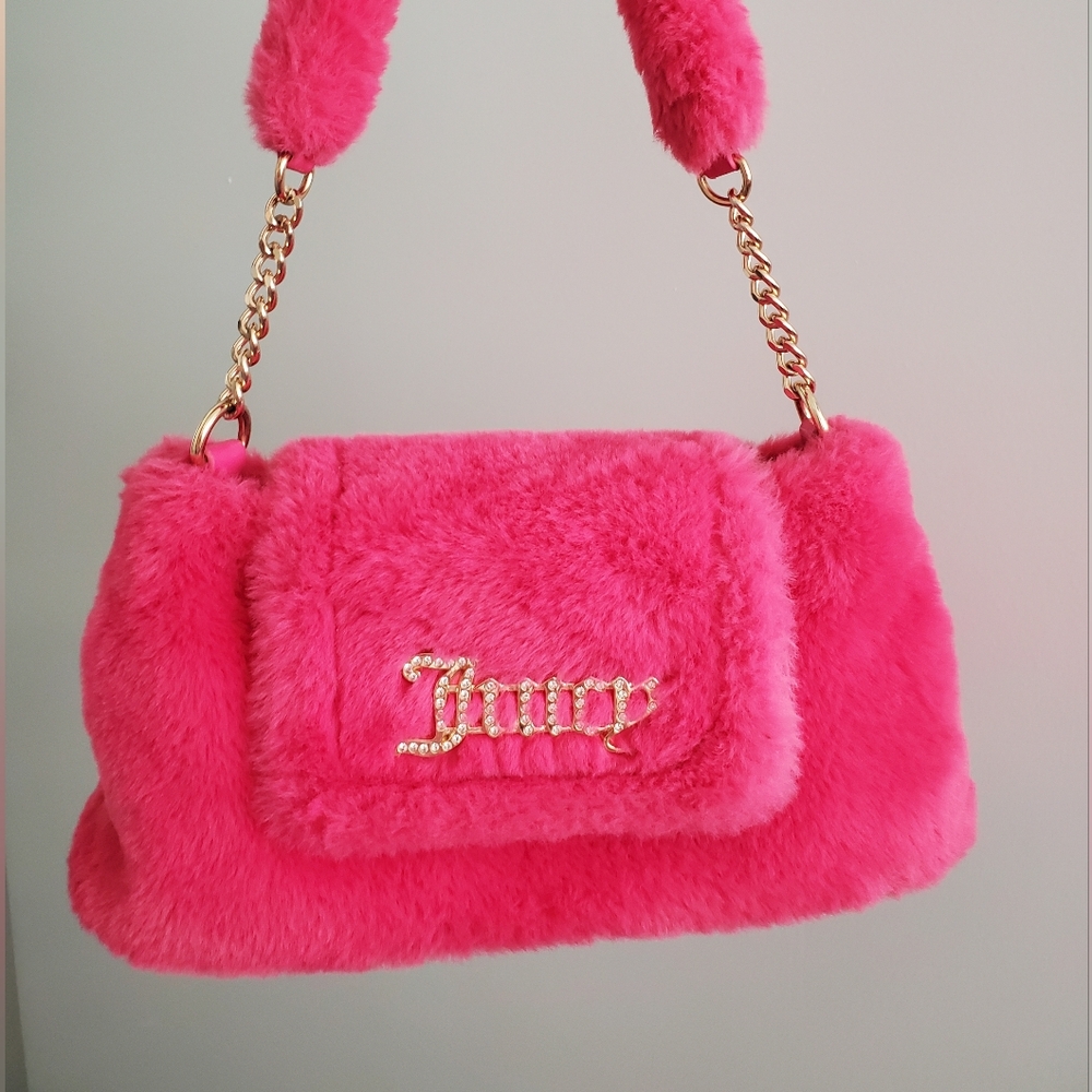 Juicy Couture Hot Pink Faux Fur Shoulder Bag with Gold Chain